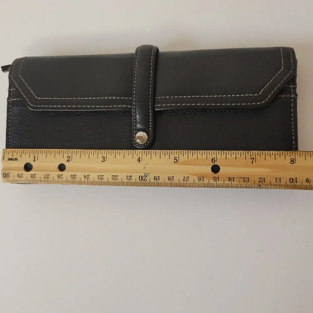 Vintage Black Leather Wallet with Snap Closure & Striped Lining